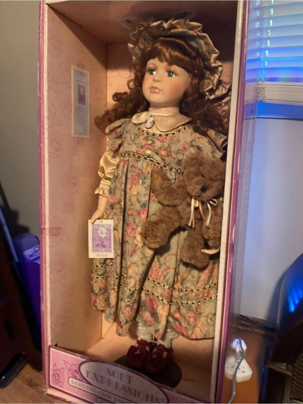 Express Porcelain Doll in Floral Cream and Pink Dress with Brown Teddy